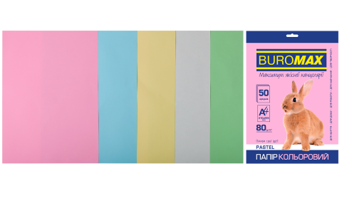 Набір кольорого паперу PASTEL, 5 кол., 50 арк., А4, 80 г/м² - 2
