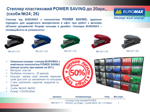 Степлер пластиковый POWER SAVING, 20 л., (скобы №24; 26), 124х66х34 мм, серый - 2
